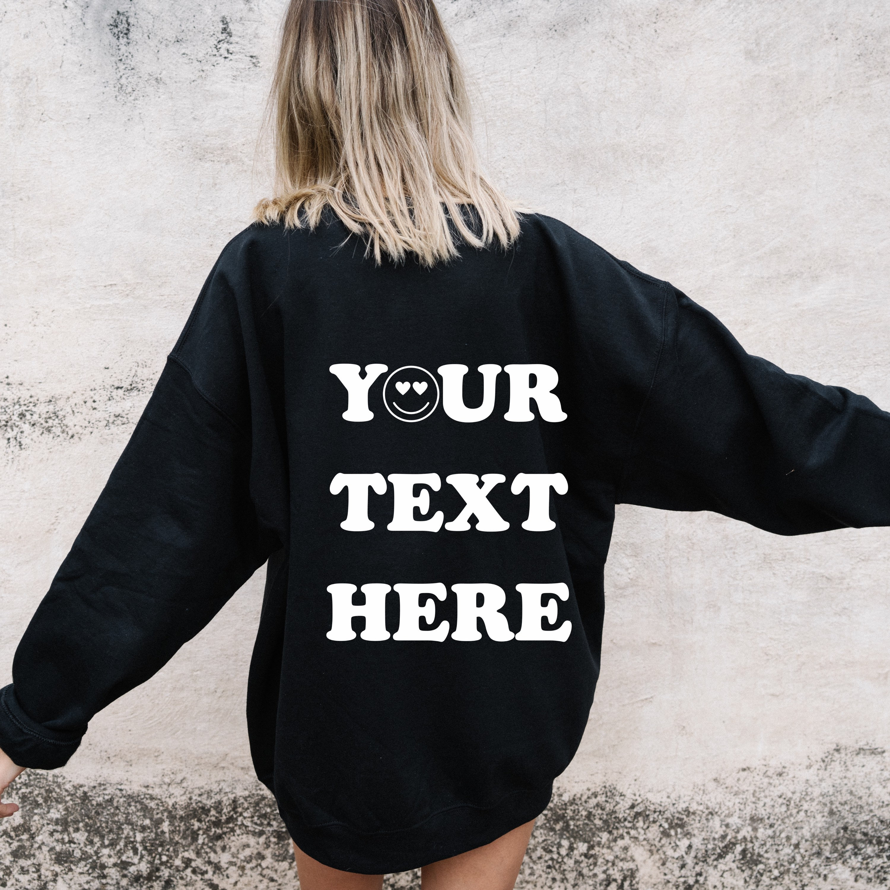 almondbutterfly Custom Oversized Graphic Sweatshirt, Personalized Sweatshirt, Oversized Fit Slouchy, Your Text, Plus Size Black Tops Crewneck