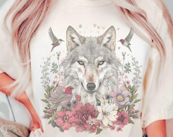 Felpa lupo, maglietta boho con animali, volpe carina, maglietta con animali selvatici, felpa con lupo floreale, maglietta con lupi, regalo lupo, maglietta con volpe