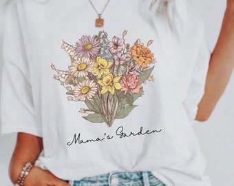 パーソナライズされた誕生花ブーケTシャツ、誕生花グラフィックシャツ、レディースシャツ、植物愛好家へのギフト、お母さんへのギフト、おばあちゃんの庭