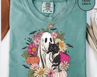 Boho Ghost Cat Shirt Fall Halloween Shirt Spooky Season Cat Tee Black Cat Floral Ghost Tee Cottagecore Halloween Shirt