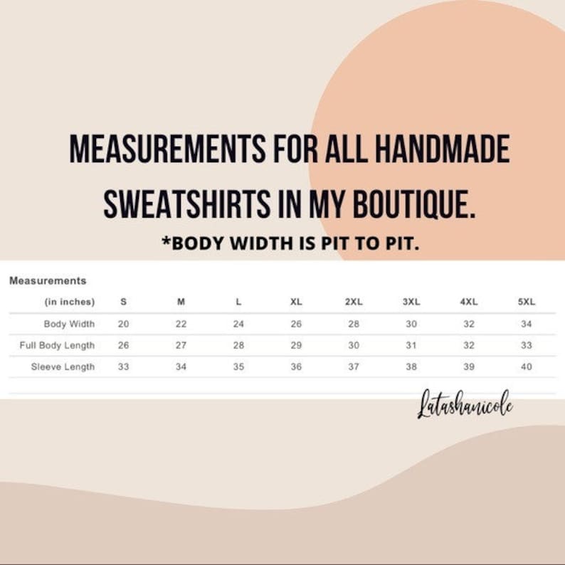 Pode incluir: Um gr&aacute;fico que mostra as medidas de sweatshirts feitas &agrave; m&atilde;o em polegadas. O gr&aacute;fico inclui tamanhos do S ao 5XL e as medidas de largura do corpo, comprimento total do corpo e comprimento da manga.