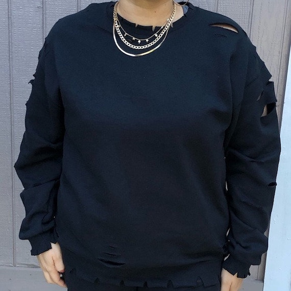 Grunge Oversized Black Destroyed Sweatshirt Distressed S-5X
