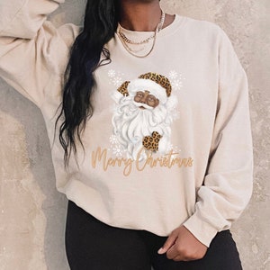 Black Santa Claus Crewneck Sweatshirt, Santa Claus Shirt, African American Santa, Christmas Sweatshirt, Christmas Gift, Leopard Santa