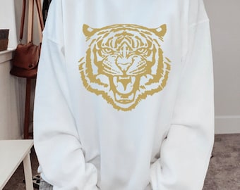 Gold Tiger Sweatshirt, Trendy Top, Animal shirt, Tiger top, Black, White, Oversized, Unisex