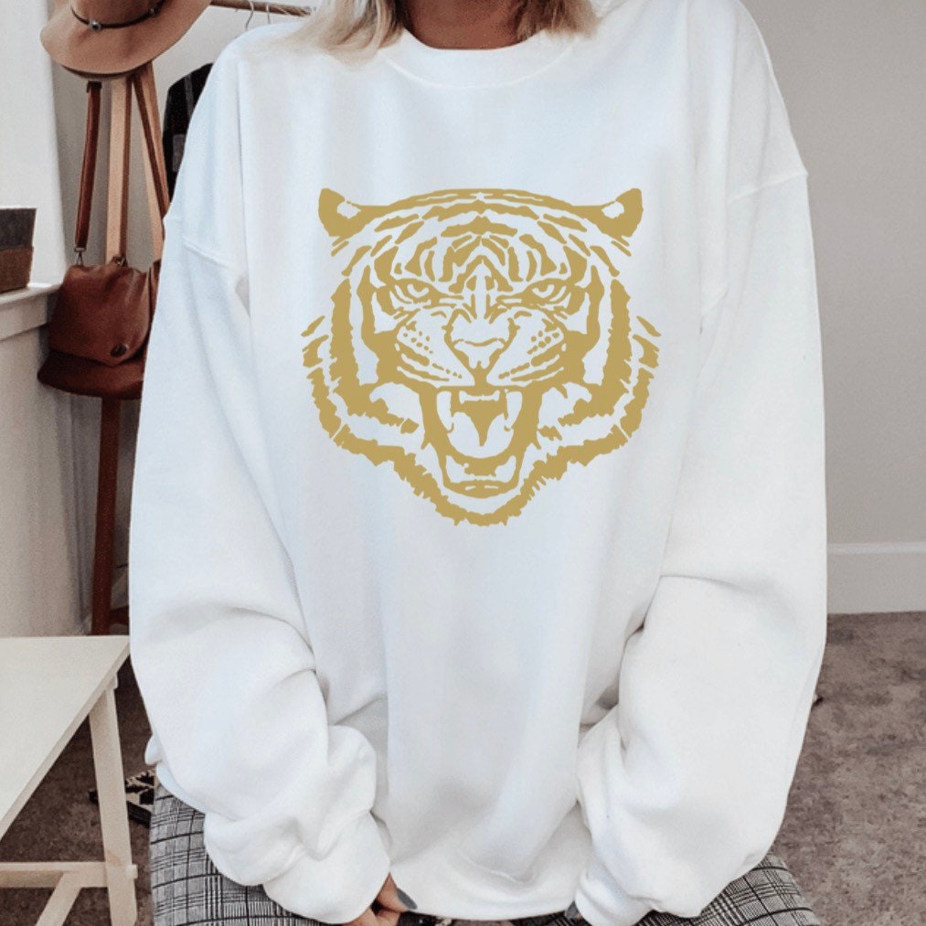 Sweatshirt, - Animal Unisex Top, Etsy Oversized, Shirt, Trendy Gold Black, White, Tiger Tiger Top,