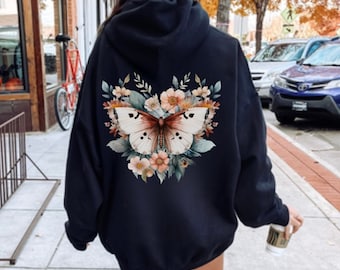 Mystical Moth Hoodie, Floral Sweatshirt, Bohemian Sweatshirt, Moody Shirt, Nature Lover, Celestrial t-shirt Sun Moon Shirt,