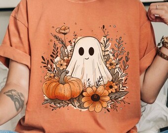 Komfortfärger, Höstspöke-tröja, Pumpa-Halloween-tröja, Blommig spöke-t-shirt, Söt spöke-tröja, Halloweenpresenter, Höstpumpor,