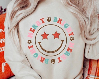 Retro Merry and Bright, Sweat-shirt de Noël, Chemise cadeau de Noël, Col rond de Noël, Sweat-shirts de Noël, Pulls de Noël à la mode