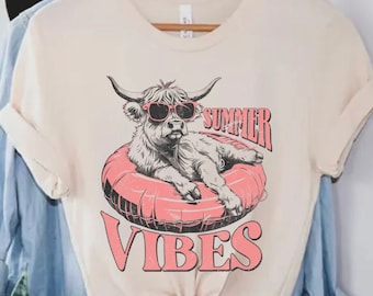 Camicia estiva da mucca highland, camicia estiva da mucca, maglietta Summer Vibe, camicia da spiaggia divertente, maglietta estiva retrò, vacanza di mucca, maglietta amante della mucca