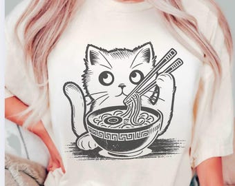 Cat Ramen Shirt, Noodle Cat tshirt, Funny Cat Shirts, Kawaii Shirt, Food Lover Gift, Anime Cat tee, Cute Cat Mom Shirt, Animal Lover Shirt