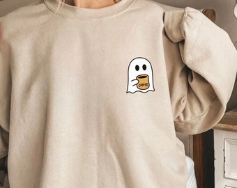 Felpa fantasma di Halloween, felpa fantasma con caffè, maglietta fantasma carina, maglietta per feste di Halloween, felpa amante del caffè autunnale, stagione spettrale