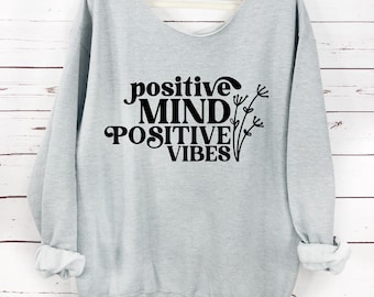 Positieve Good Vibes Slouchy sweater Oversized sweater S-5X trui, losse pasvorm, plus size, off-shoulder, motiverend shirt cadeau