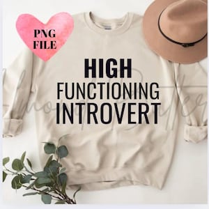 Könnte beinhalten: Ein beiger Pullover mit dem Aufdruck "HIGH FUNCTIONING INTROVERT" in Schwarz.