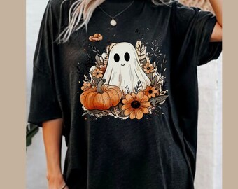 Cores confortáveis, camisa fantasma, camisa abóbora de Halloween, camiseta floral fantasma, camisa fantasma fofa, presentes de Halloween, abóboras de outono,