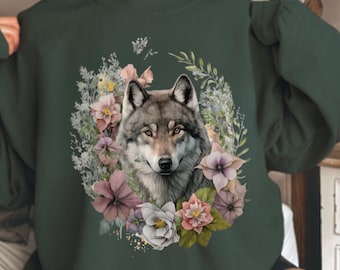 Felpa lupo, maglietta boho con animali, volpe carina, maglietta con animali selvatici, felpa con lupo floreale, maglietta con lupi, regalo lupo, maglietta con volpe