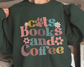 Cats Books Coffee shirt, Cat lover Shirt, Retro Cat Sweatshirt, Cat Mom tshirt, Cute Cat Shirts, Book lover Shirt, Coffee books tee, gifts