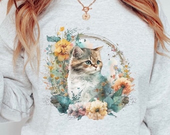 Cute Cat Shirt, Cat Crewneck, Vintage Cat Crewneck, Cat Sweatshirt Gift, Cat Lover Shirt, Floral Shirt, Cats, Kittens