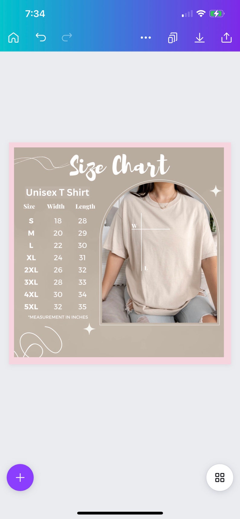 May include: Size chart for a unisex t-shirt with measurements in inches. The chart shows the width and length of the shirt in sizes S through 5XL.