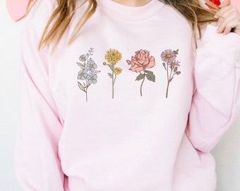 Birth Flower Month Sweatshirt, Cute Mama Sweater, Birth Flower Sweater Gift Shirt, womens sweatshirts, Plant Lover Gift for mom
