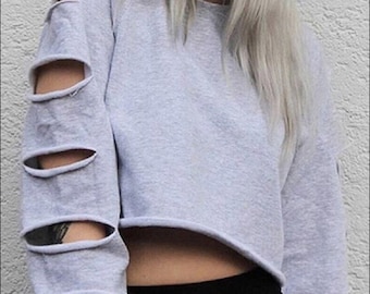 Grunge Girl Sexy Distressed Croptop Sweatshirt Long Sleeve Crewneck Goth Clothes Festival Sweatshirt Streetwear Clothing Etsy UK