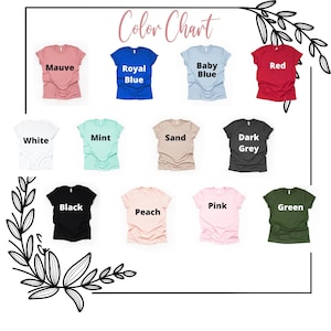 May include: Color chart showing 12 different t-shirt colors: mauve, royal blue, baby blue, red, white, mint, sand, dark grey, black, peach, pink, and green.