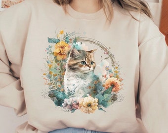 Cute Cat Shirt, Cat Crewneck, Vintage Cat Crewneck, Cat Sweatshirt Gift, Cat Lover Shirt, Floral Shirt, Cats, Kittens