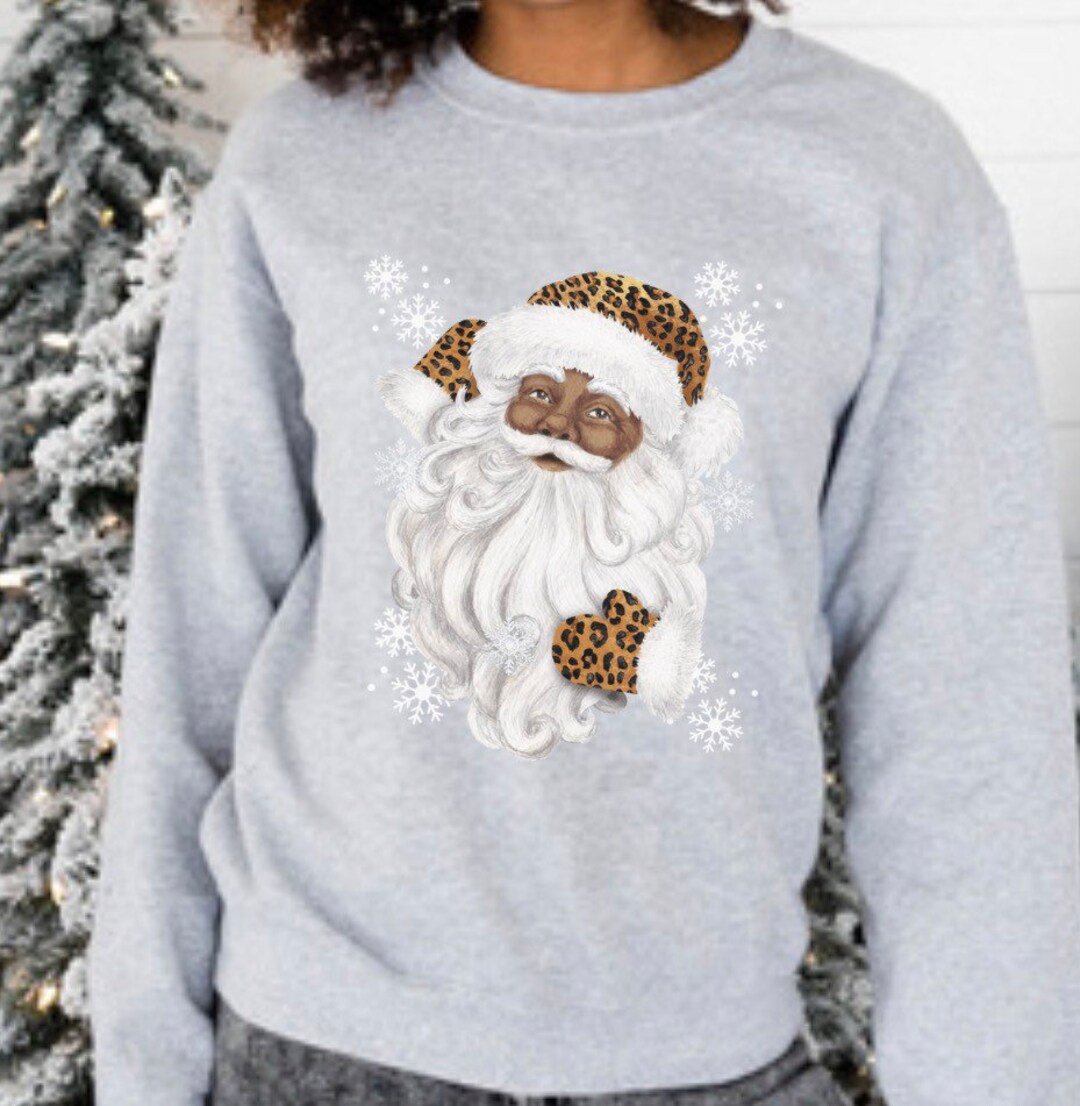 Black Leopard Santa Claus Crewneck Sweatshirt, Sant Claus Shirt...