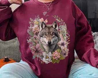 Felpa lupo, maglietta boho con animali, volpe carina, maglietta con animali selvatici, felpa con lupo floreale, maglietta con lupi, regalo lupo, maglietta con volpe