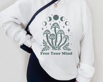 Paddenstoel Trui Botanische Sweatshirt, Mushroom Shirt, Plant shirt, Maan Sweatshirt, Natuur Shirt, Cadeau voor haar, Esthetische Shirt