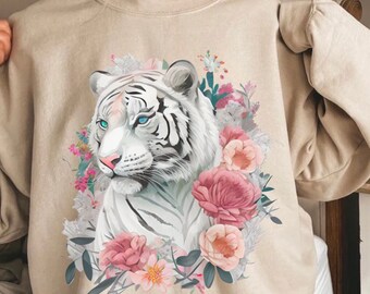 Tiger Sweatshirt, Tiger Shirt, Animal Shirts, Tiger Face, Mascot Shirt, gift for her, Tigers, Flowers Sweatshirts, Boho