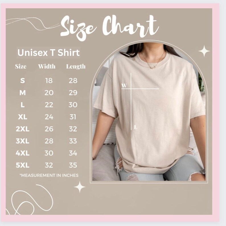 Op de afbeelding: Maattabel voor een unisex t-shirt met afmetingen in inches voor breedte en lengte. De tabel toont maten van S tot 5XL.