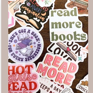 May include: Assortment of colorful stickers with book-themed designs. Stickers feature phrases like "Read More Books", "She's Got a Book for Every Situation", and "Hot Girls Read Books".