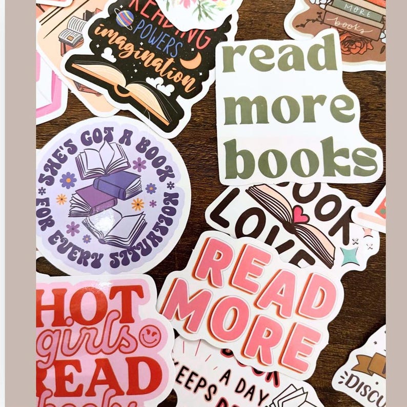May include: Assortment of colorful stickers with book-themed designs. Stickers feature phrases like "Read More Books", "She's Got a Book for Every Situation", and "Hot Girls Read Books".