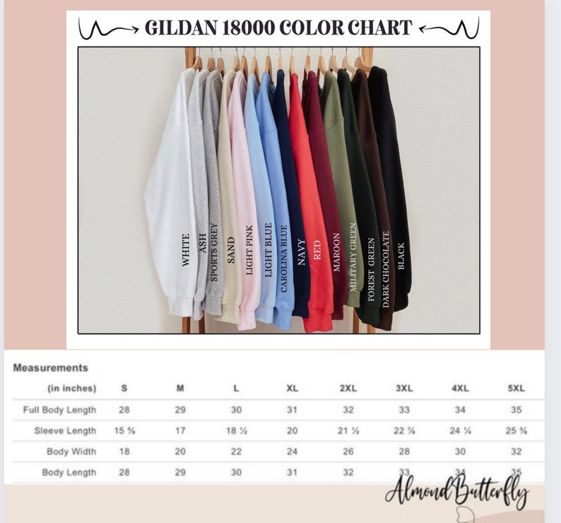 May include: A color chart for Gildan 18000 sweatshirts, showcasing various colors like white, ash, and navy. Measurements in inches are provided for different sizes, including full body length, sleeve length, body width, and body length.