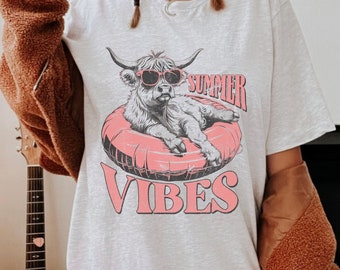 Camicia estiva da mucca highland, camicia estiva da mucca, maglietta Summer Vibe, camicia da spiaggia divertente, maglietta estiva retrò, vacanza di mucca, maglietta amante della mucca