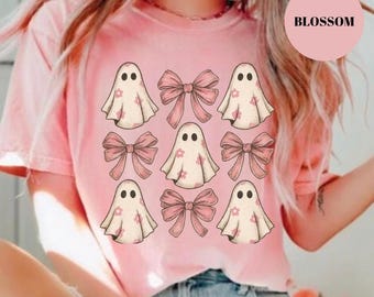 Comfort Colors Halloween Shirt, Cute Pink Halloween Shirts, Daisy Ghost Bow Shirt, Spooky Shirt, Girly Ghost Tee, Spooky Ghost Tee