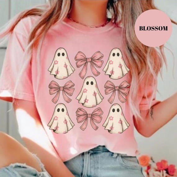 Comfort Colors Halloween Shirt, Cute Pink Halloween Shirts, Daisy Ghost Bow Shirt, Spooky Shirt, Girly Ghost Tee, Spooky Ghost Tee