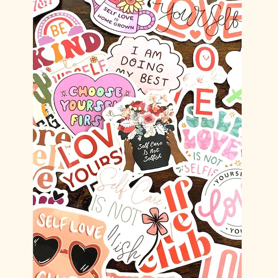 "Love Yourself" Inspirational Stickers - 2 Pack Clear Mental Health Quote Decals For Laptop & Water Bottle