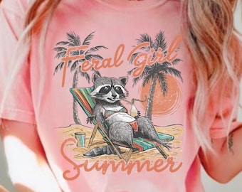 Komfortfärger Vild flicka sommar, tvättbjörnströja, rolig tvättbjörnströja, rolig grafisk t-shirt, strandtröja, tvättbjörnsälskare-tröja, söt tvättbjörn