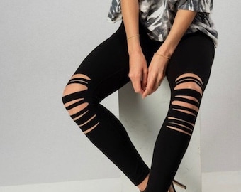 Soft Black Distressed Leggings, Leggings for Women, High Waist Leggings, Grunge Leggings, Sexy Leggings, Tummy Control Leggings, Leggings