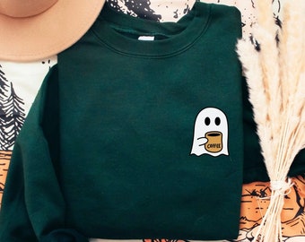 Felpa fantasma di Halloween, felpa caffè fantasma, camicia fantasma carina, camicia da festa di Halloween, felpa amante del caffè autunnale, stagione spettrale