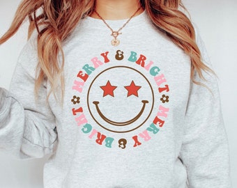 Retro Merry and Bright, Sweat-shirt de Noël, Chemise cadeau de Noël mignonne, Col rond de Noël, Sweat-shirts de vacances, Pulls de Noël à la mode