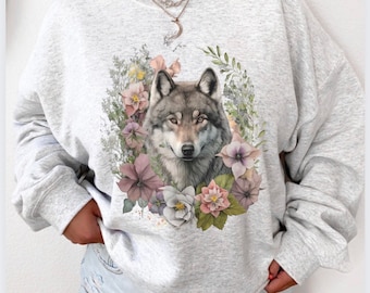 Felpa con lupo, maglietta con animali boho, simpatica volpe, maglietta con animali selvatici, felpa con lupo floreale, maglietta con lupi, regalo con lupo, maglietta con volpe