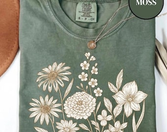 T-shirt met wilde bloemen, comfortabele kleuren vintage cottagecore bloemenshirt, cadeau voor tuinliefhebbers, botanische bloement-shirt, herfstbloemen