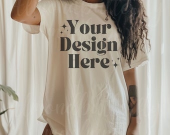 Bella Canvas Mockup Sand 3001 Bohemian Oversized Tee Mock up, t-shirt mockup, Cute Mockup, Boho Mockup, Natural Hair Mockup, Female Model,