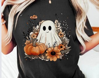 Comfort Colors, Ghost Shirt, Pumpkin Halloween Shirt, Floral Ghost T-shirt, Cute Ghost Shirt, Halloween Gifts, Autumn Pumpkins,