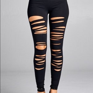 Soft Black Distressed Leggings, Leggings for Women, High Waist Leggings, Grunge Leggings, Sexy Leggings, Tummy Control Leggings, Goth