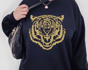 Gold Tiger Sweatshirt, Trendy Top, Animal Shirt, Tiger Top