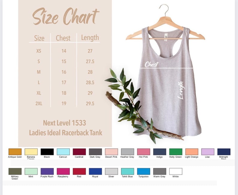 May include: A light gray racerback tank top hanging on a wooden hanger. The image includes a size chart with chest and length measurements in inches, and a color chart with various color options for the tank top. The text reads "Next Level 1533 Ladies Ideal Racerback Tank."