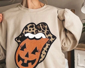 Leopard Pumpkin Sweatshirt, Halloween Tongue, Fall Crewneck, Fall Clothing, S-5X, Leopard Lips